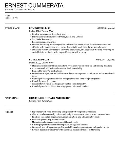 casino host resume|excellent guest service in casino.